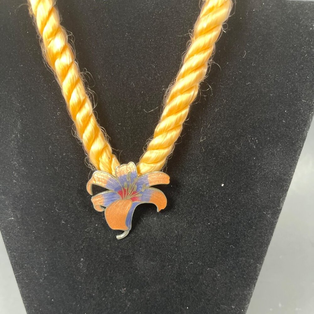Enamel Tiger Lily Flower Pendant 24" Twisted Cord Necklace Orange Purple Vintage - Picture 5 of 10